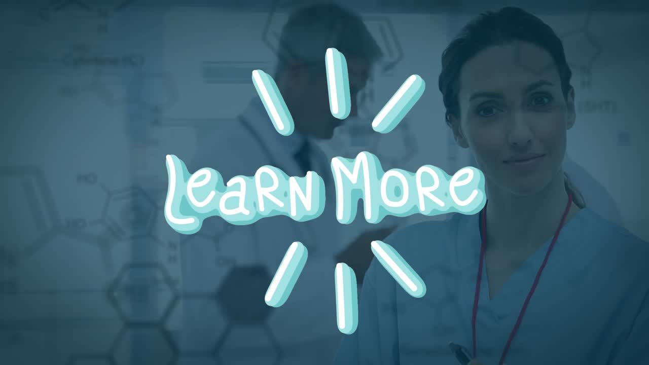 Animation of learn more over caucasian female lab worker