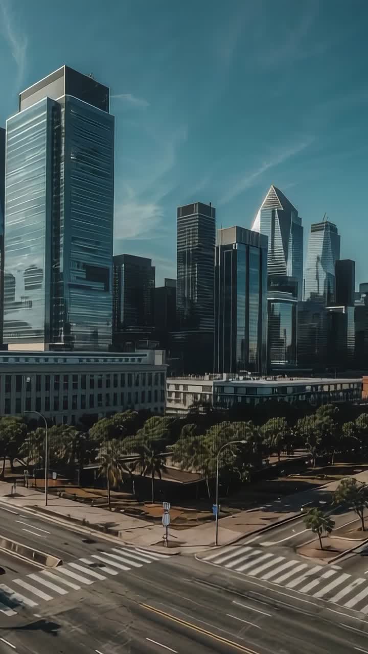 Vertical video: Entering frame white sedan crossing urban intersection, with skyscraper backdrop