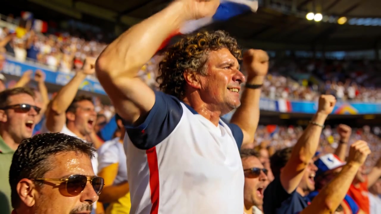 Aficionado gritando con camiseta blanca de rayas rojas en la barandilla del estadio después de un evento en el campo, agitando una bandera tricolor.