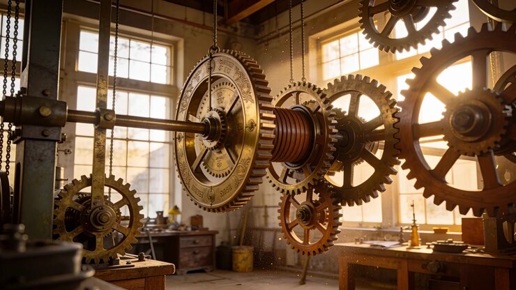 Turning large brass and steel cogwheels on shaft in workshop, camera pulling back showing dust