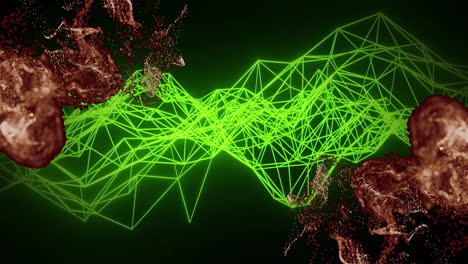 green geometric network animation over abstract red particles on dark background