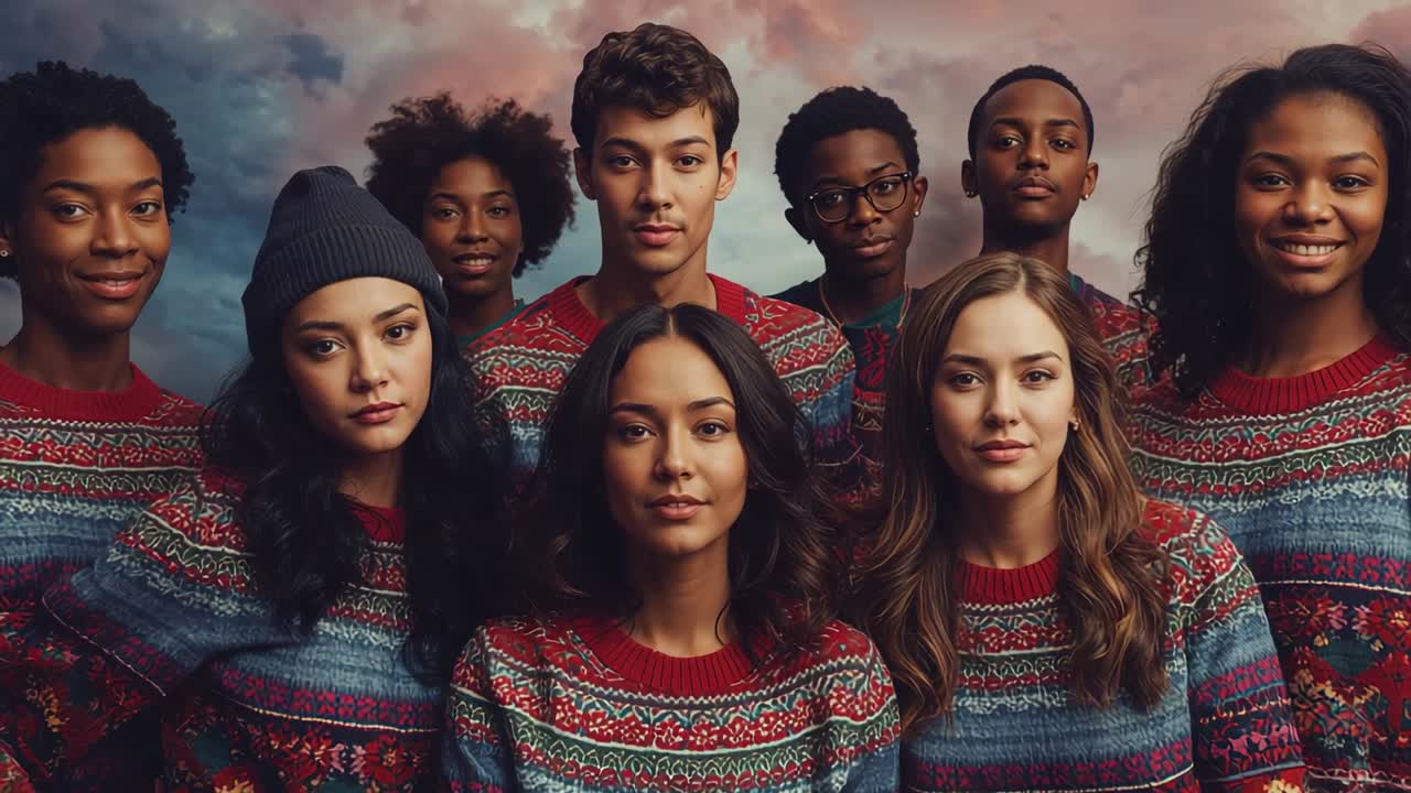 Opening frame starting camera zooming and panning focusing on six models wearing sweaters in studio