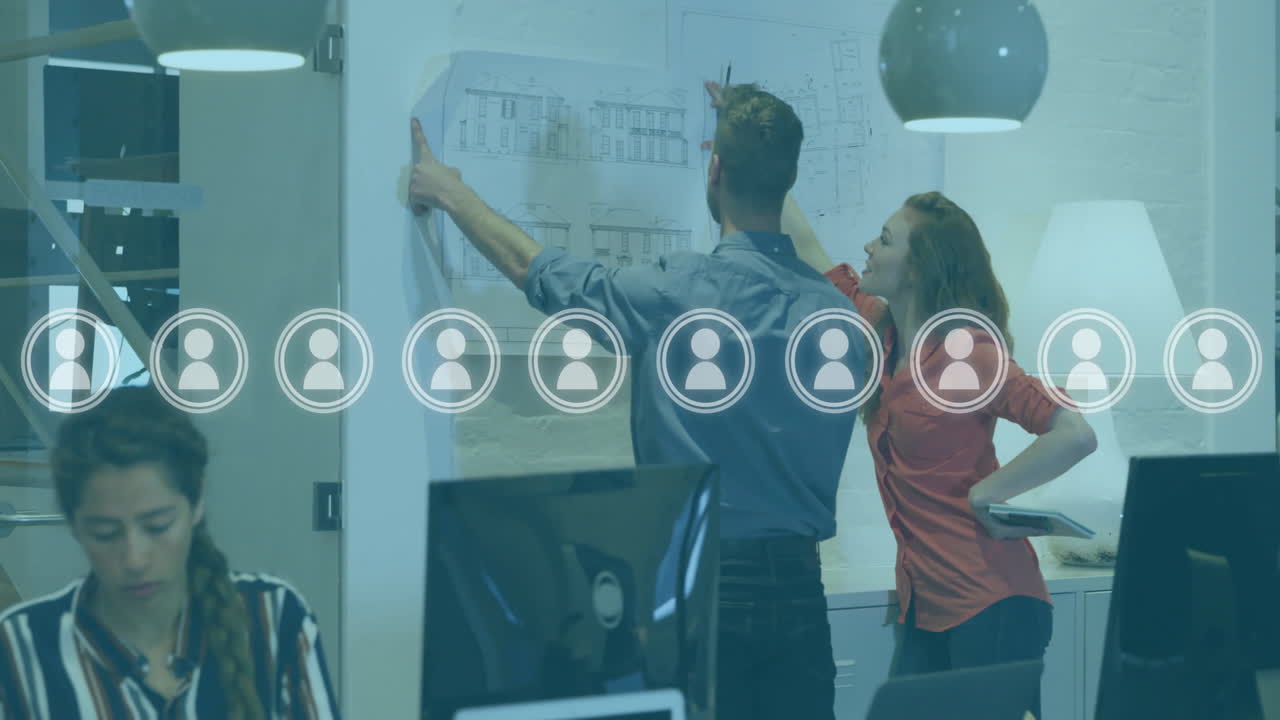 animación de la red de personas iconos sobre diversas personas de negocios en la oficina