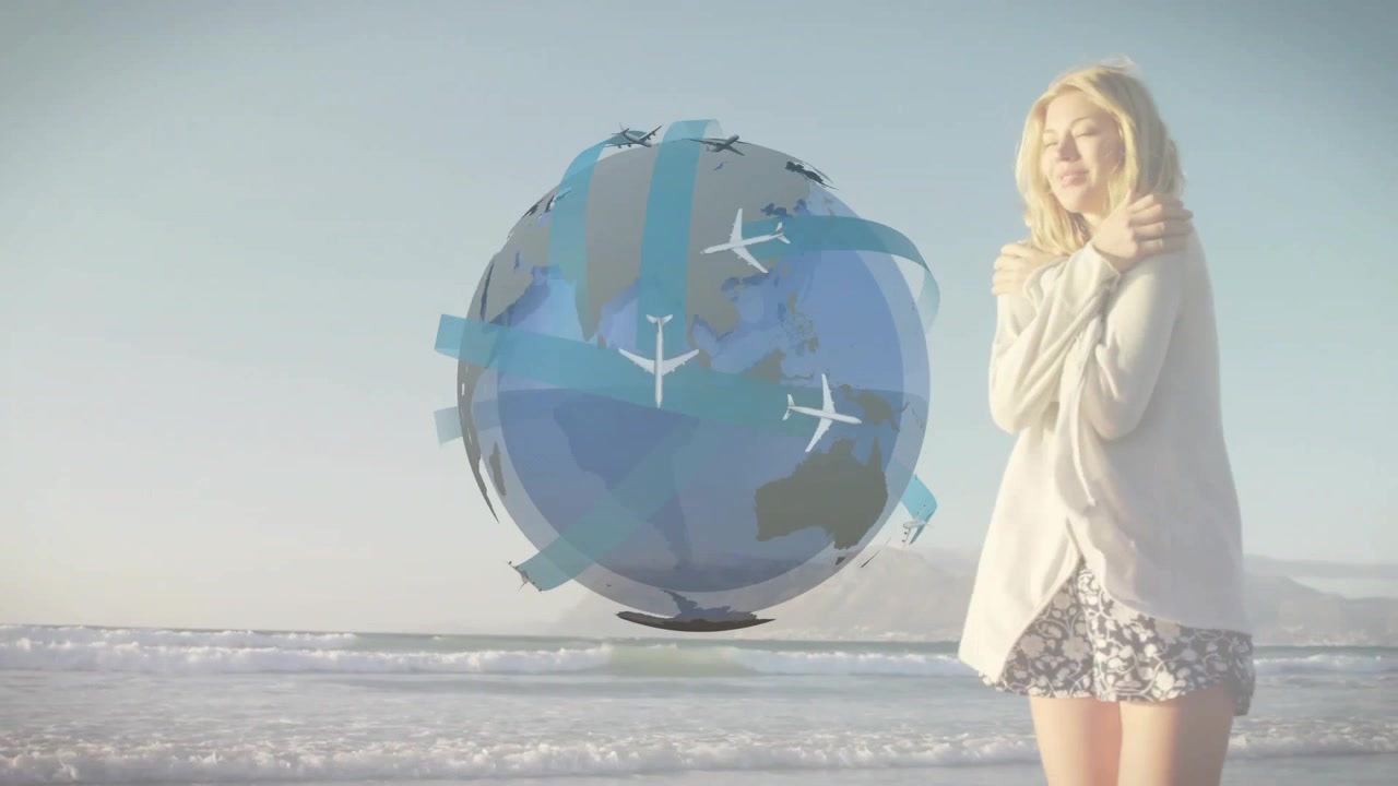 Aparece un icono de globo terráqueo que provoca rotación y órbitas de aviones, mientras una mujer vadea el agua, transmitiendo la idea de viaje.