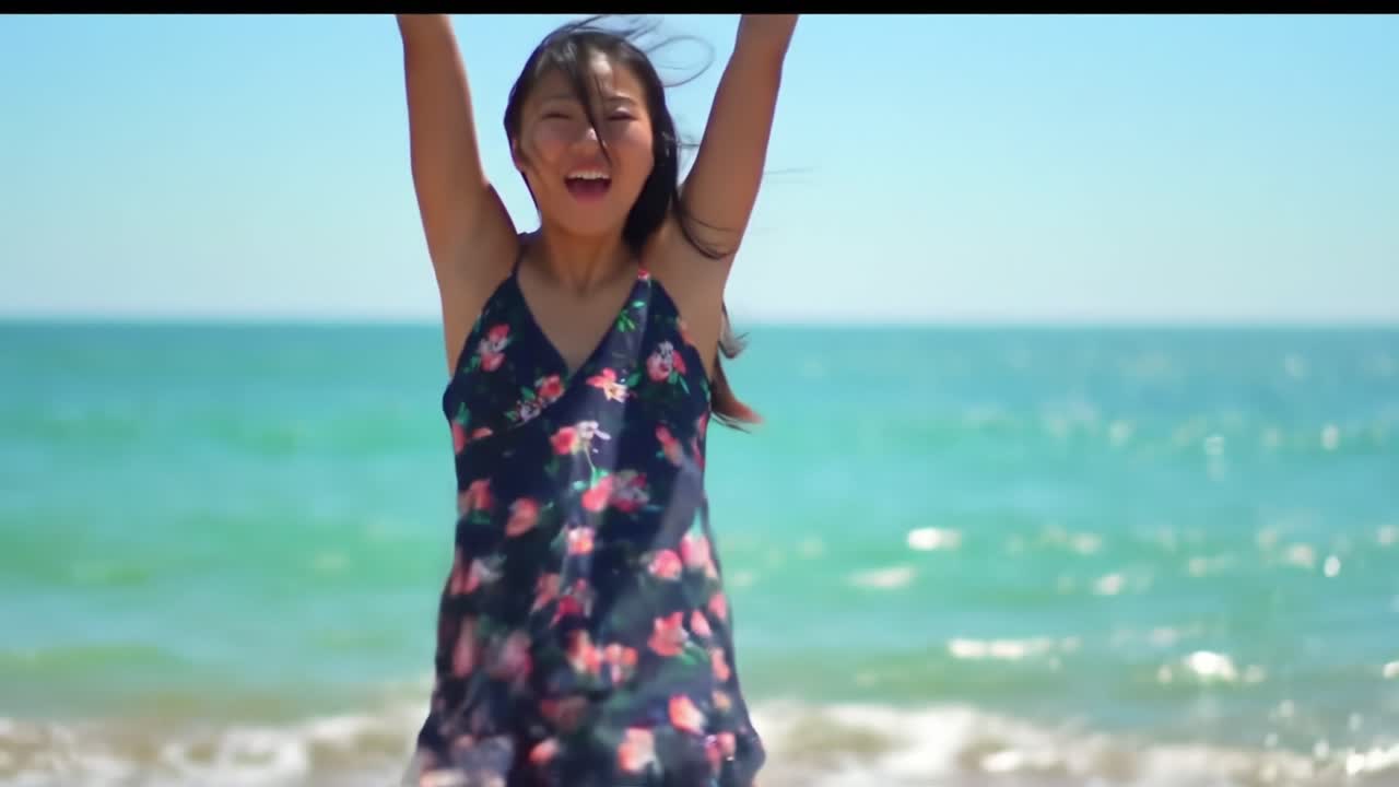 A Joyful Moment by the Shore: Embracing Freedom and Nature's Beauty as the Waves Gently Kiss the Sand and the Sun Shines Brightly on a Beautiful Day