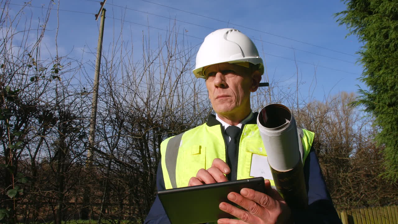 un arquitecto ingeniero inspector de construcción gerente inspeccionando un sitio de construcción con una tableta y planes arquitectónicos