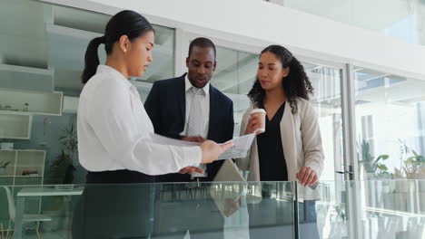 portfolio, documents or business people in meeting