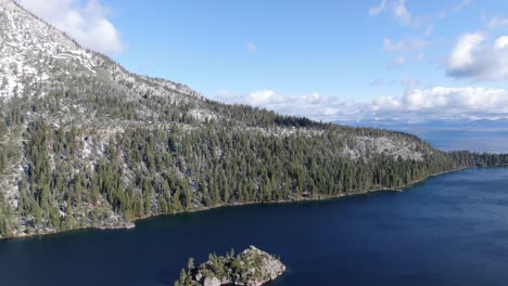 winter sunny day at lake tahoe with small island