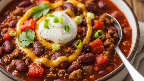 indulge in a warm bowl of hearty chili, topped with creamy sour cream, fresh green onions, and rich cheddar cheese for a perfect comfort meal