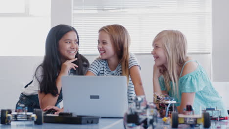 Three-Female-Students-Building-And-Programing-Robot-Vehicle-In-After-School-Computer-Coding-Class