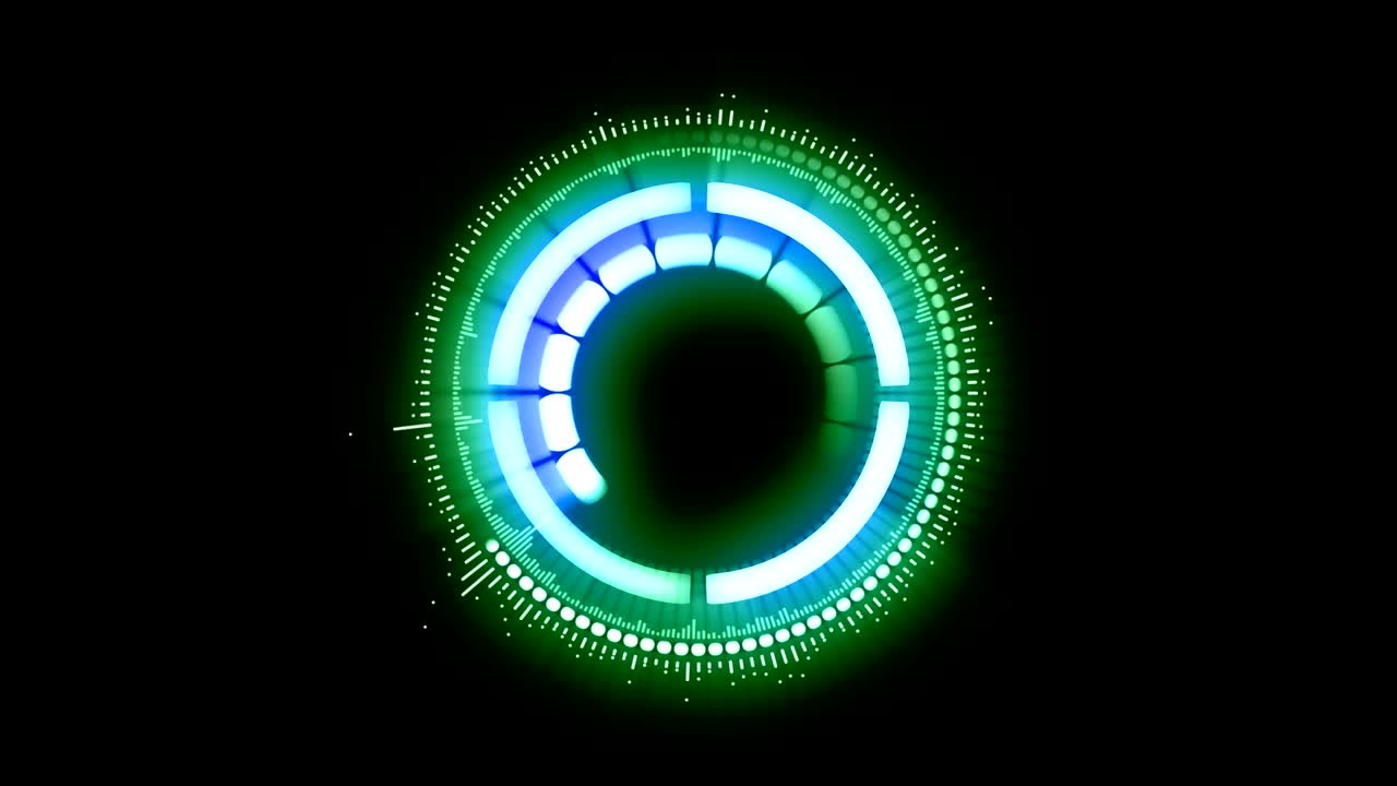 Abstract futuristic green and blue mechanism with parts turned on one by one