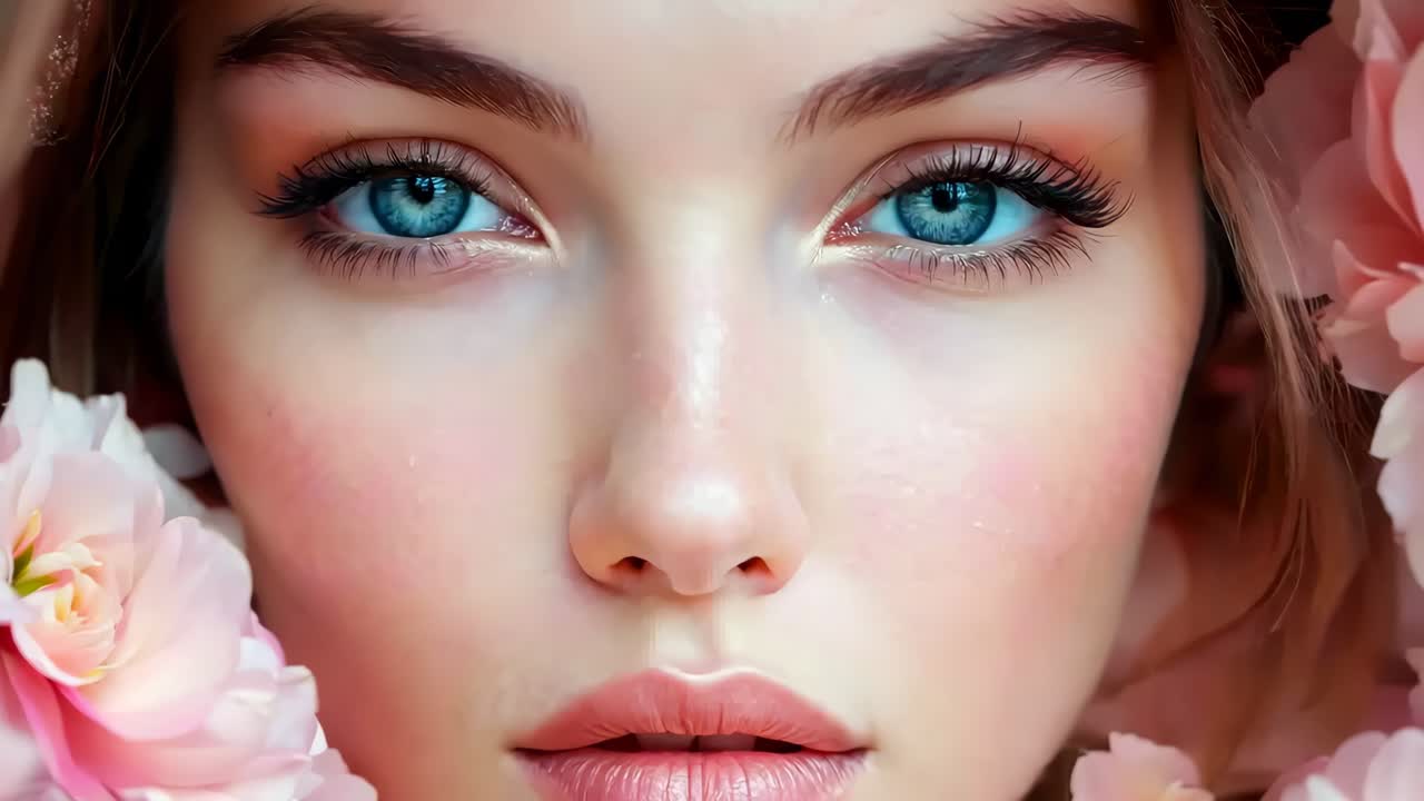 Una donna con gli occhi blu circondata da fiori rosa