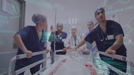 Animation-of-medical-data-over-diverse-female-and-male-doctors-pushing-patient-in-hospital-bed