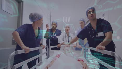 animation of medical data over diverse female and male doctors pushing patient in hospital bed