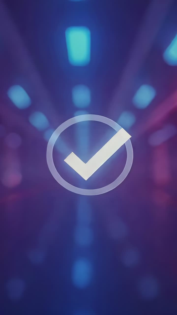 Vertical video: White checkmark animating on confirm in neon hall, with neon square, floor mirror
