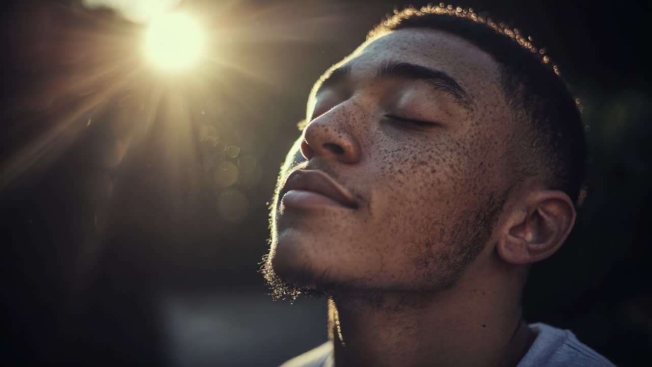 A Serene Moment of Reflection: Young Man Bathed in Warm Sunlight Enjoys a Peaceful Experience with Eyes Closed, Embracing Calmness and Inner Peace