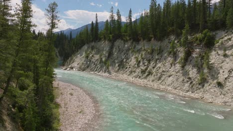 drone shot flying through a gorge along the kootenay river with rocky mountains seen through the trees in british columbia canada