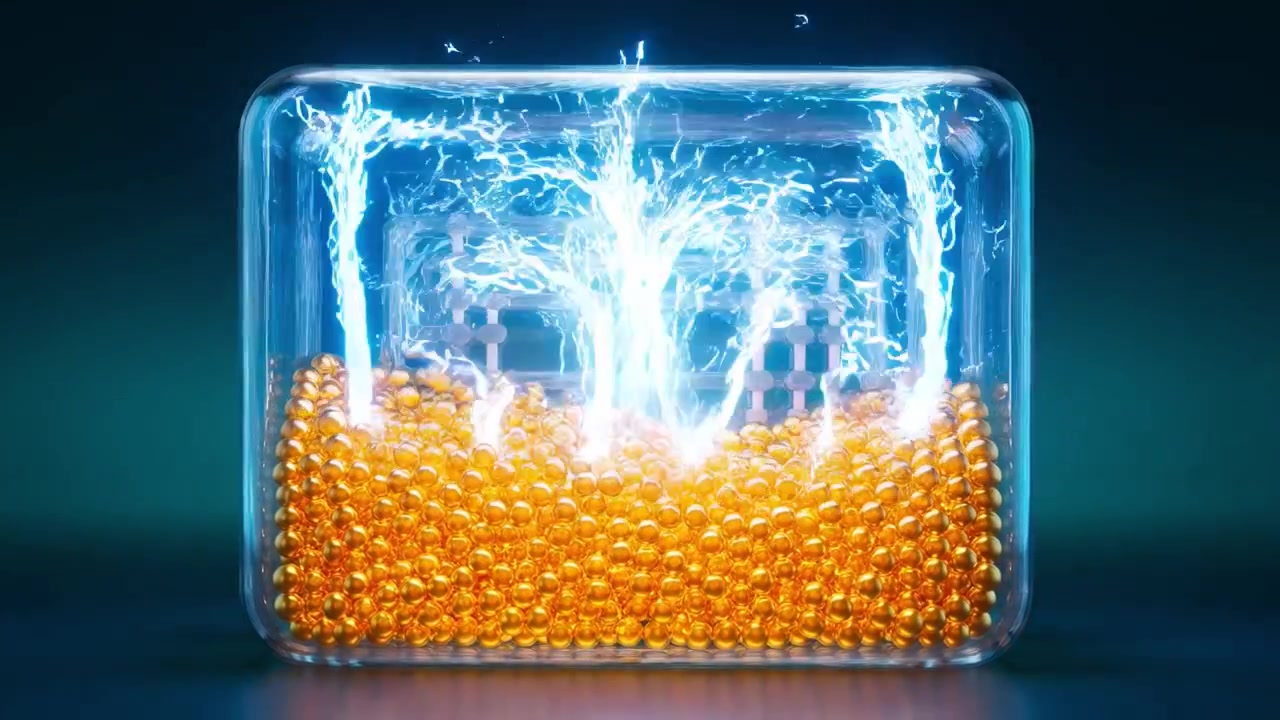 Electrical Energy Activating Golden Spheres in a Transparent Container