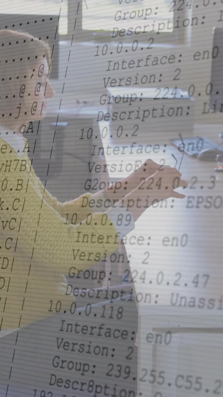 Vertical video: Woman sipping cup, network overlay growing, hands tapping keyboard, scanning ports