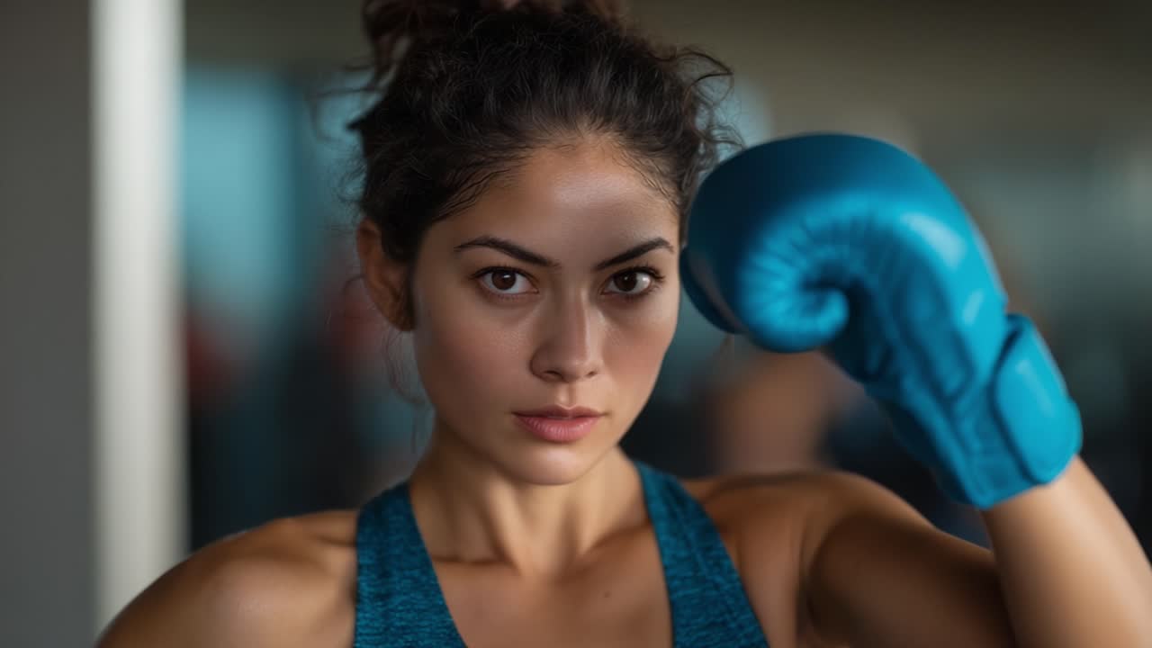 Focused and Determined Boxer Training with Intensity, Showcasing Strength, Power, and Discipline in a Martial Arts Gym Setting During an Intense Workout Session