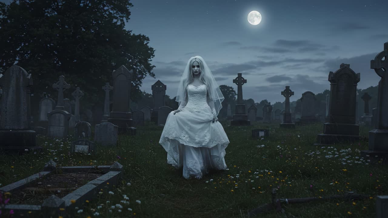 A haunting figure emerges from the shadows in a graveyard, draped in a flowing white gown under a full moon, surrounded by ancient gravestones and an eerie atmosphere