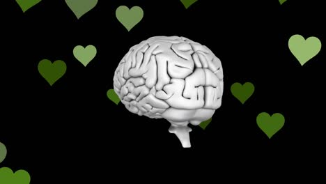 Das-Symbol-Des-Menschlichen-Gehirns-Dreht-Sich-über-Mehreren-Grünen-Herzsymbolen,-Die-Vor-Schwarzem-Hintergrund-Schweben