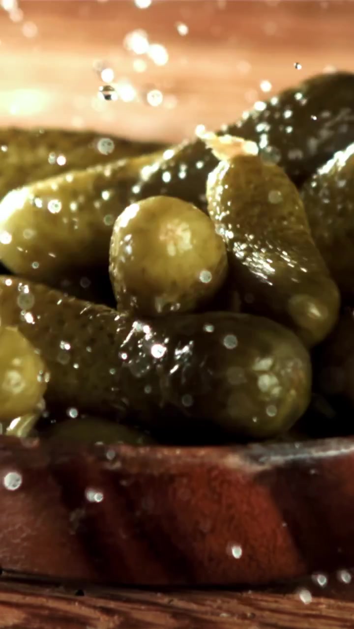 Ferske sylteagurker faller ned i en rustikk treskål i sakte film