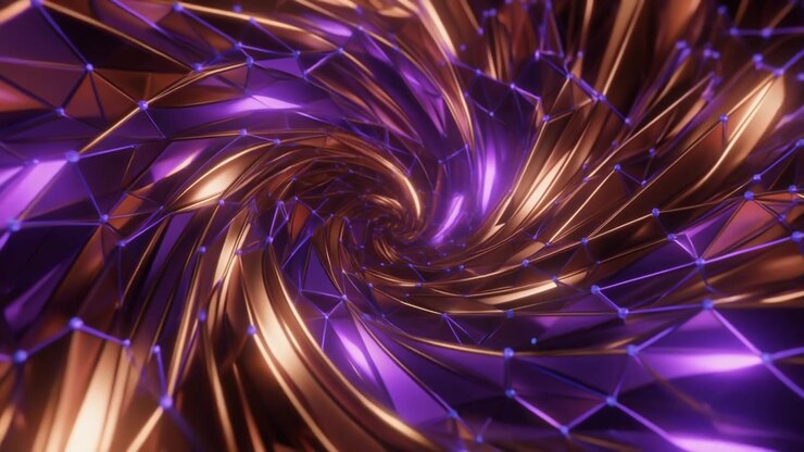 Abstract Rotating Spiral of Metallic Gold and Purple Geometric Mesh