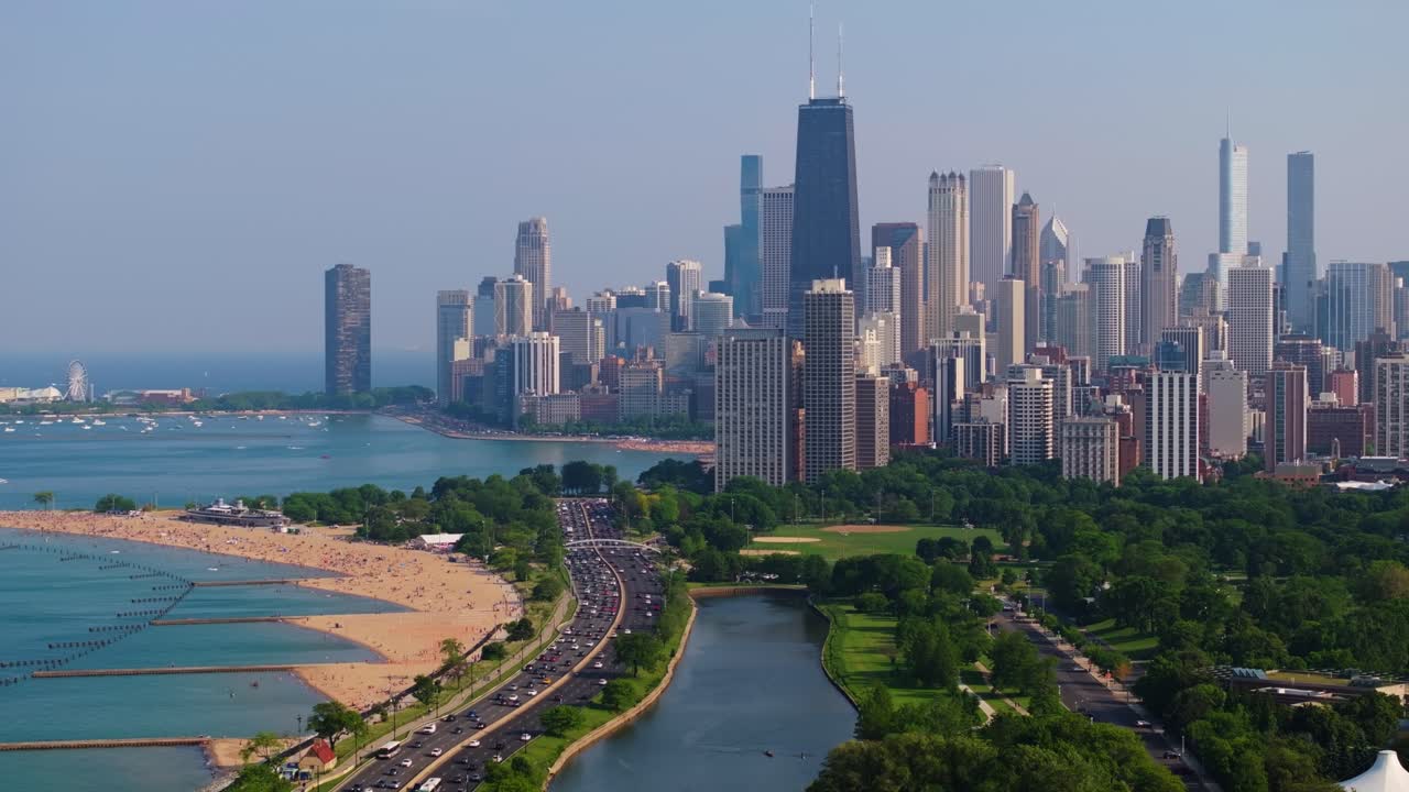Aerial Pullback Reveals Chicago Cityscape. Tight Close Up Shot
