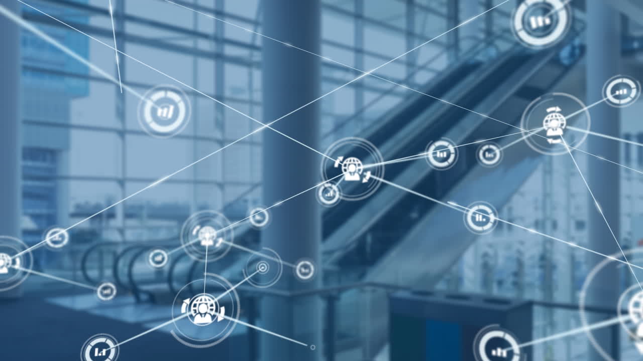 animación de la red de conexiones con iconos sobre la oficina