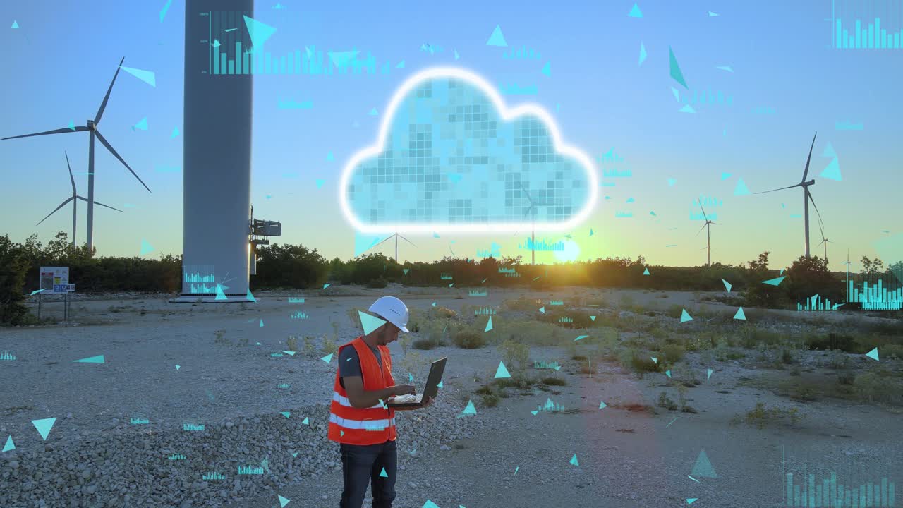 A mechanical engineer working on a laptop at a wind turbine farm, using cloud technology to monitor performance. Modern renewable energy and innovation concept