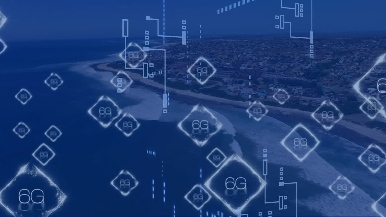 6g 텍스트 및 디지털 데이터 처리의 도시 풍경 애니메이션