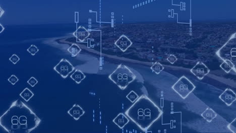 animación de texto 6g y procesamiento de datos digitales sobre el paisaje urbano