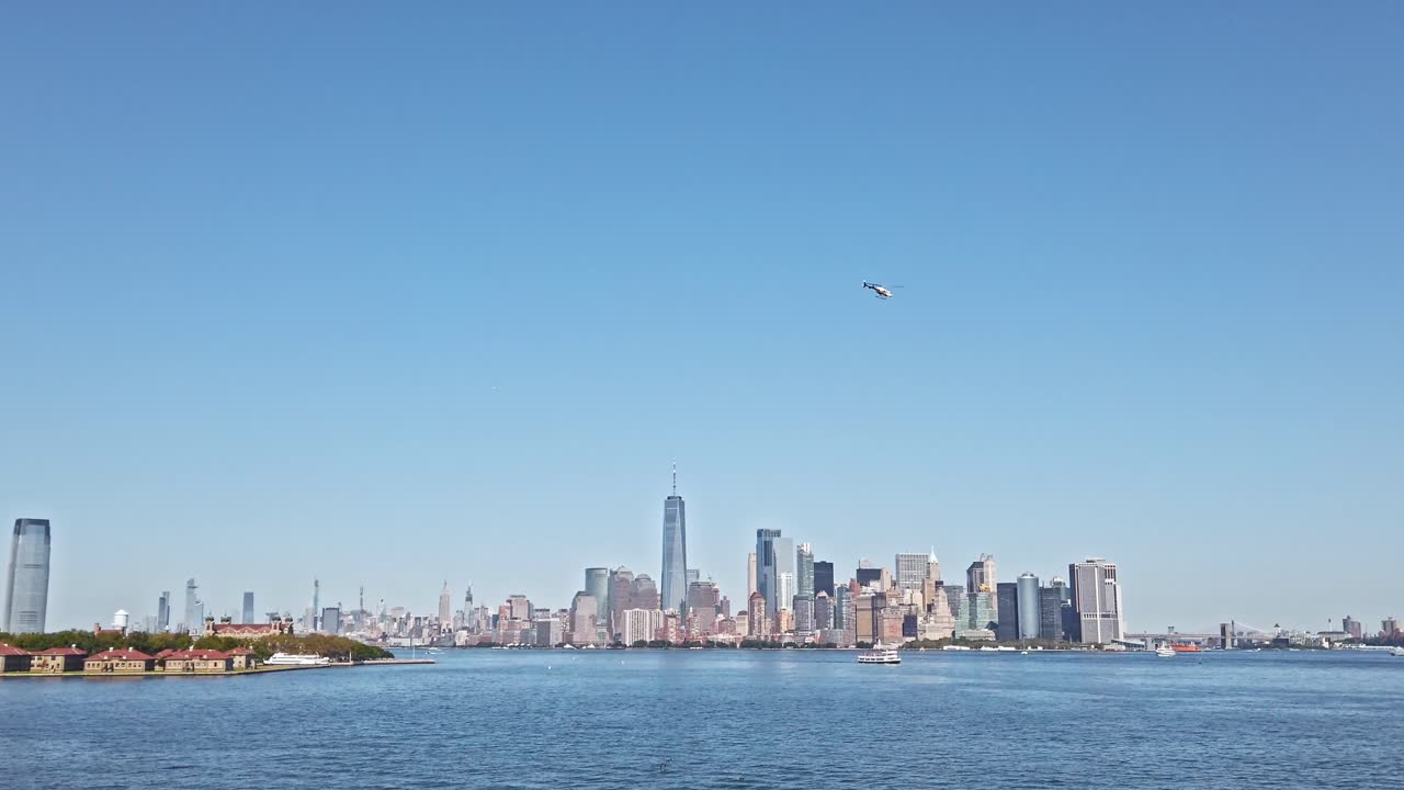 Flying helicopter above Lower Manhattan and Brooklyn