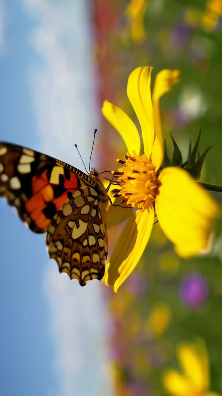 Farfalla su un fiore giallo in un prato colorato