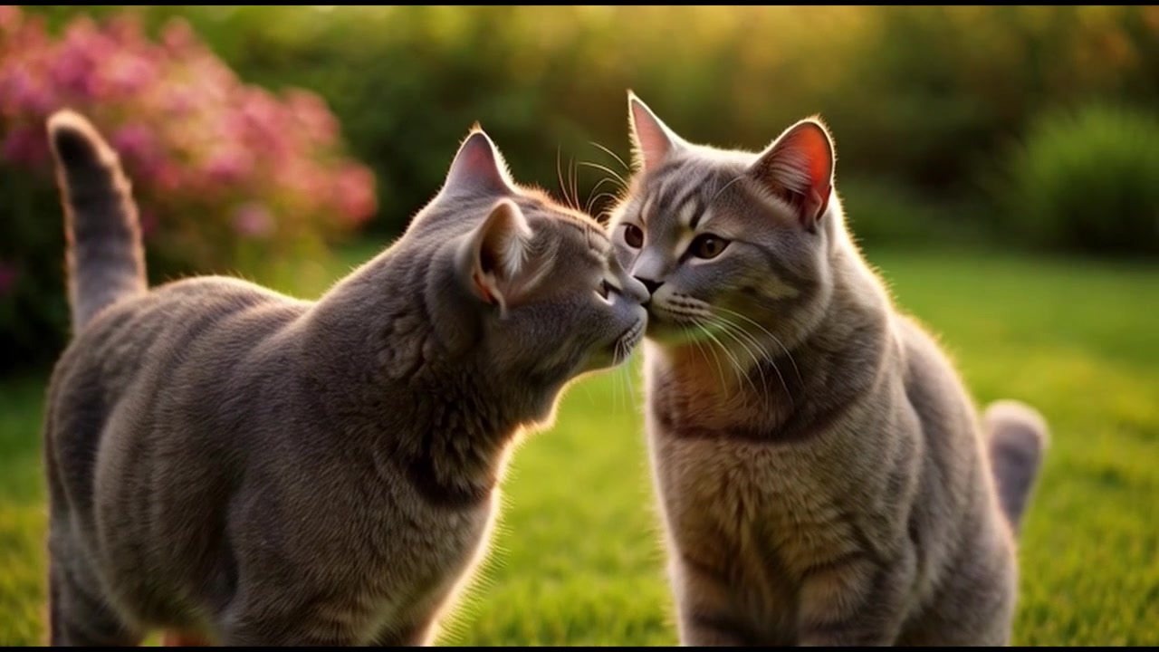 Due gatti grigi che si salutano in un giardino soleggiato