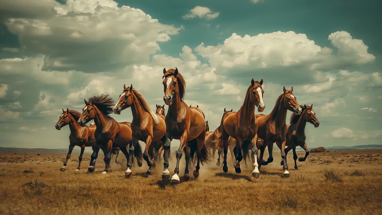 Appearing under cumulus clouds, herd of bay horses galloping over grass plain, stirring dust clouds