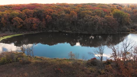vuelo de drones sobre el lago del bosque con coloridos árboles otoñales 4k illinois