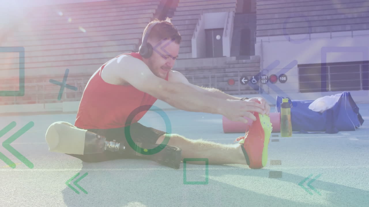 Male athlete stretching on court showing animated fitness data chart, prosthetic leg stats