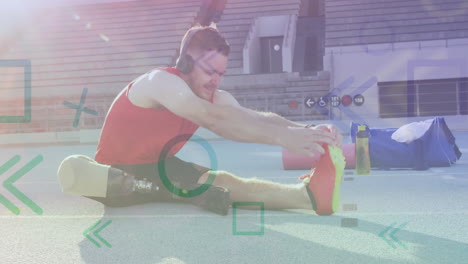 male athlete stretching on court showing animated fitness data chart, prosthetic leg stats