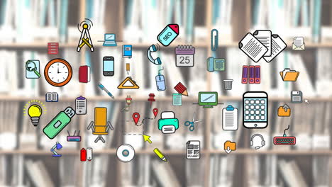 iconos coloridos de artículos de oficina fuera de foco en los estantes en el fondo