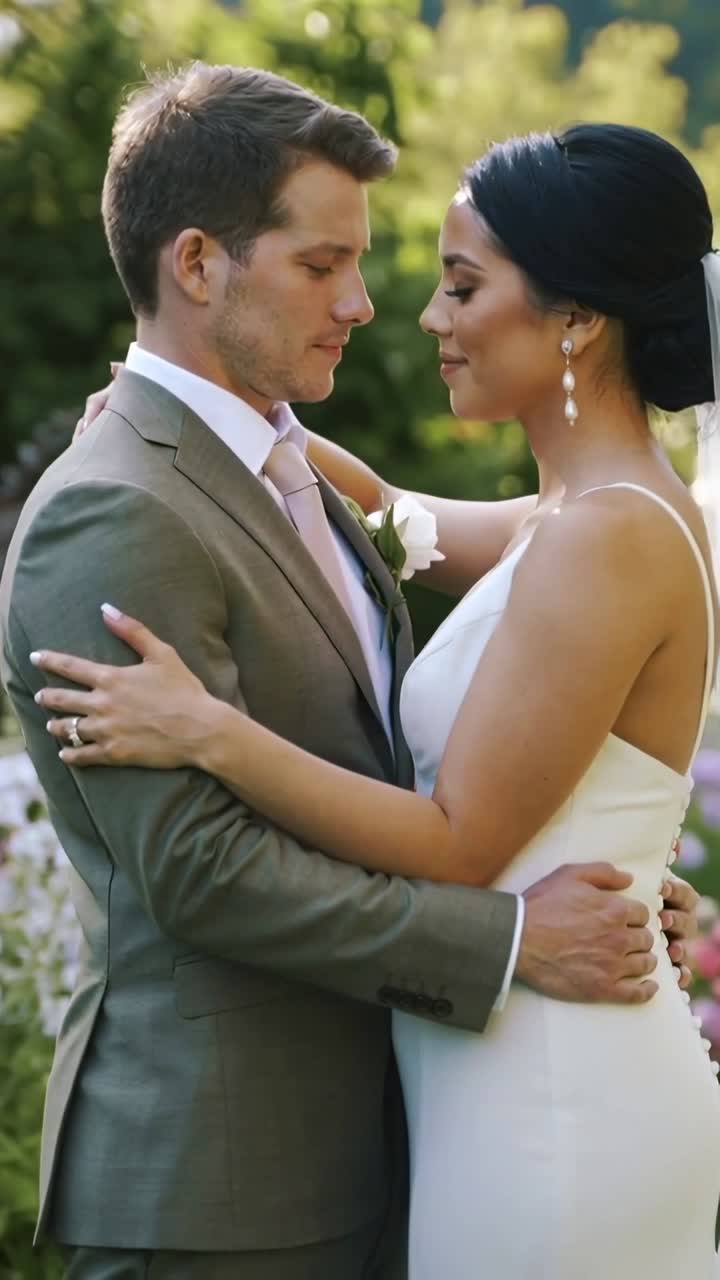 Vídeo vertical: Aproximando-se de recém-casados compartilhando abraço de casamento em jardim com véu e lapela