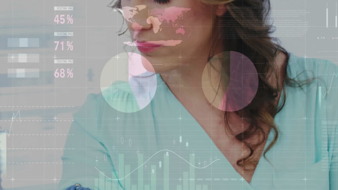 Nurse monitoring blue blood pressure cuff in health clinic, showing animated charts and world map