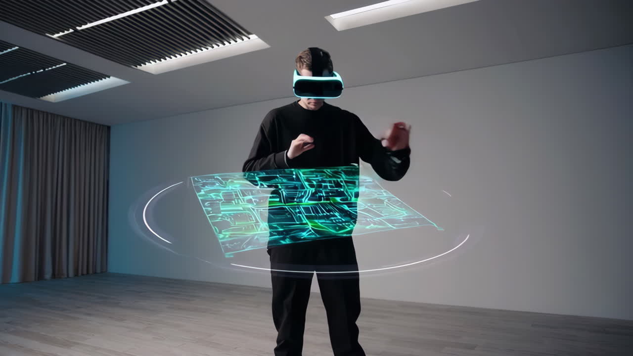 Man using VR headset to interact with holographic display