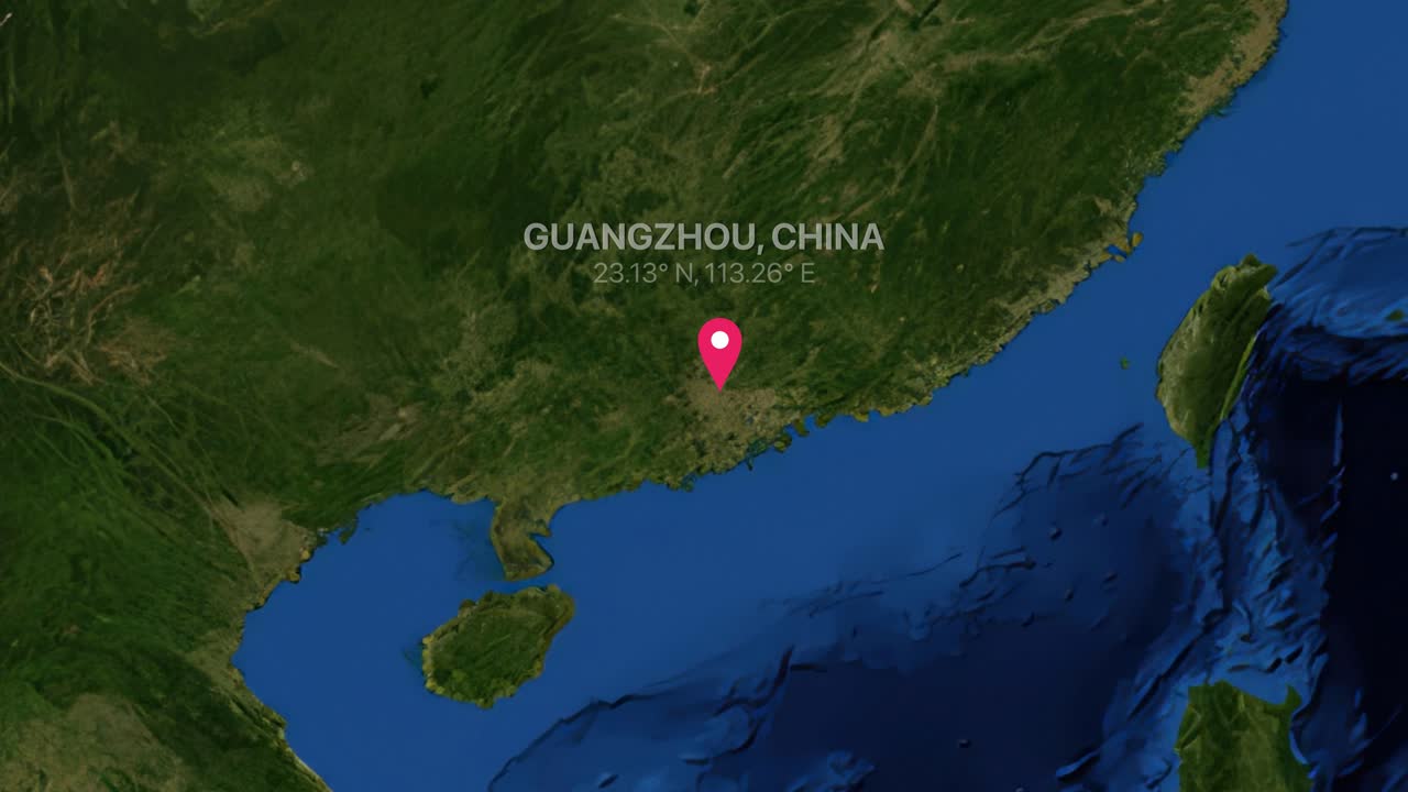 Digital earth zoom animation transitions from global view to Guangzhou China with location pin
