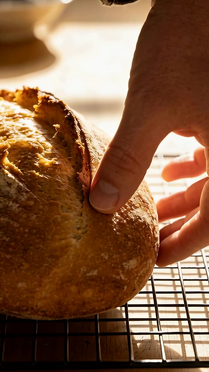 Vertical video: Hand entering, baker tapping crust on rack at home, checking crumb with dark sleeve