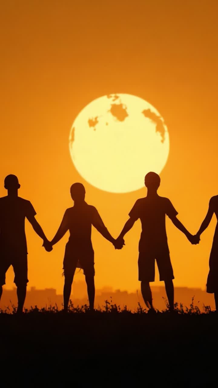 A Group of Friends Standing Together at Sunset, Holding Hands and Silhouetted Against a Beautiful Orange Sky While the Sun Sets on the Horizon