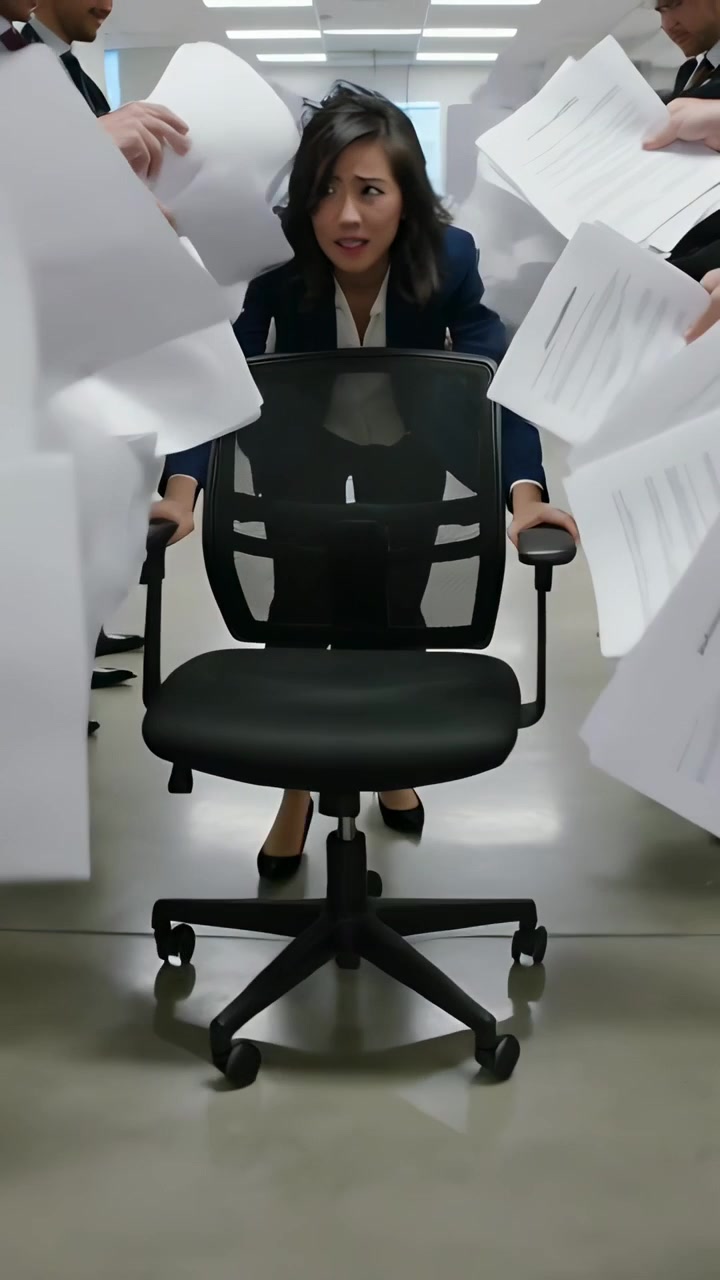 Vertical video: Holding woman in suit as staff start tossing papers, pushing chair through corridor