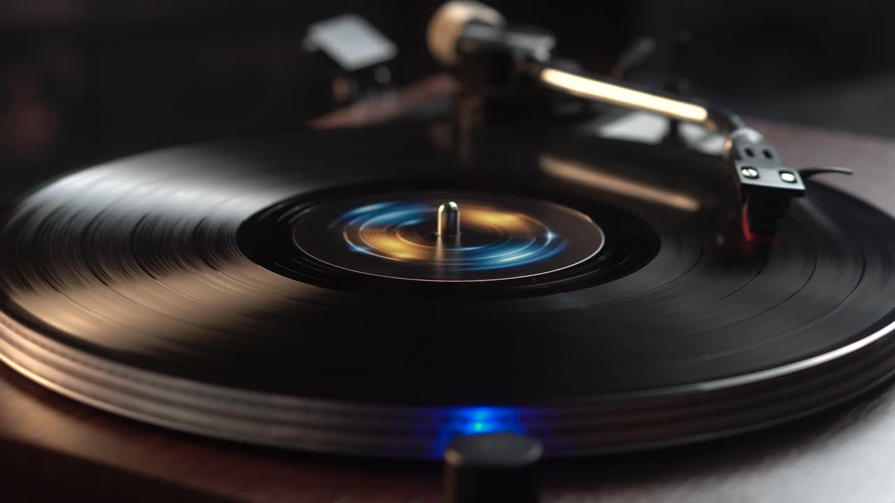 Disco in vinile LP che gira sul giradischi, riproduzione audio analogica