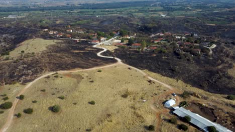 Aerial-revealing-vast-burnt-land-around-a-village-in-the-aftermath-of-a-wildfire-in-Northern-Greece,-August-2023